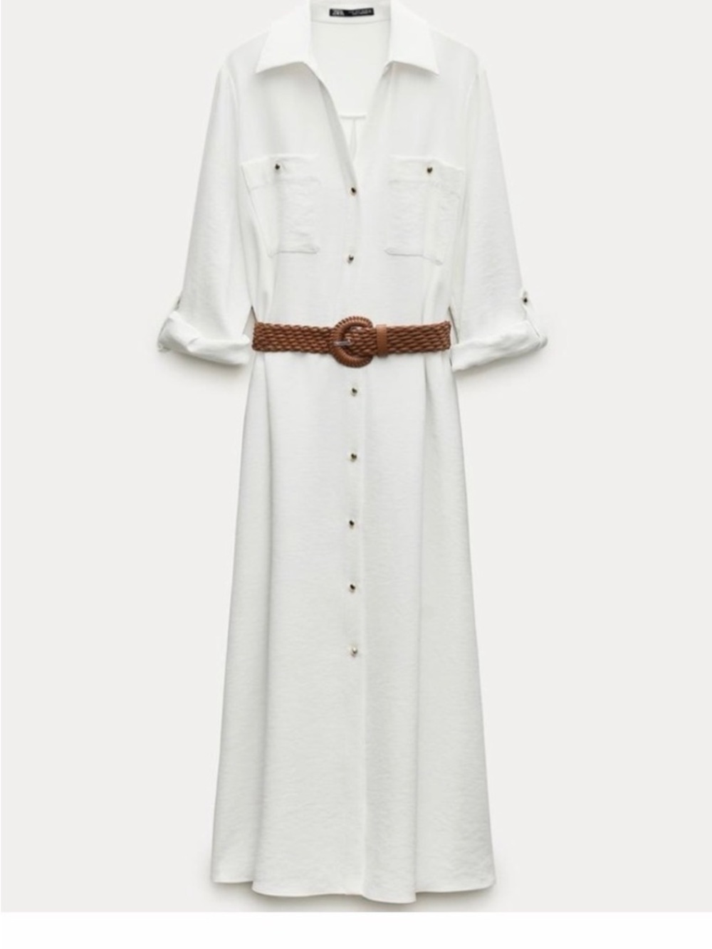 ✨NWT✨ ZARA White Midi Shirt Dress with Braided Brown Belt - XL